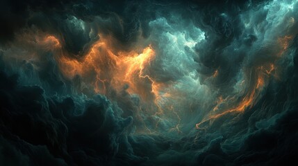 Poster - Vast Abstract Cloudscape with Dramatic Orange and Blue Swirls Against Dark Background, Capturing the Essence of Celestial Phenomena and Atmospheric Majesty