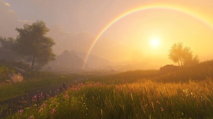 Aufkleber - Serene Landscape at Sunrise with Rainbow Arching Over Lush Green Fields and Blooming Wildflowers Under a Soft Golden Light