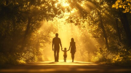 Aufkleber - A Loving Family Strolling Through a Sunlit Forest Path, Bathed in Golden Light, Embracing Nature and Togetherness in a Serene Setting