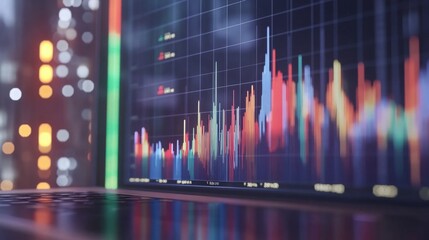 Poster - Colorful Financial Data Visualization on Laptop Screen, Analyzing Stock Market Trends and Trading Performance with Bright Candlestick Patterns and Graph Lines