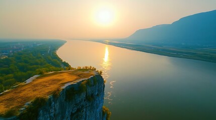 Wall Mural - Aerial View of River Landscape at Sunset