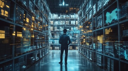 Poster - Futuristic Warehouse Scene with Worker Observing High-Tech Data Visualization and Digital Inventory Management in a Dimly Lit Storage Facility