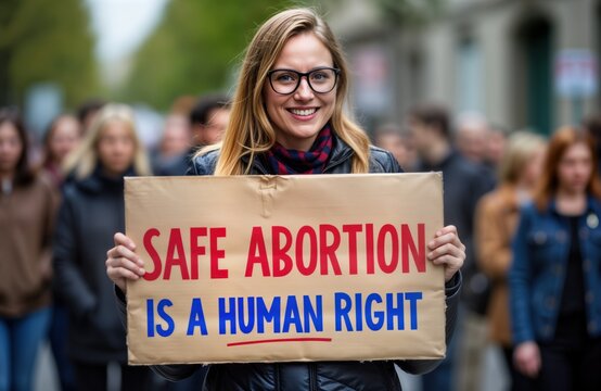 Woman holds placard advocating safe abortion rights at protest. Protester demonstrates support for reproductive rights. Public demonstration for access to safe abortion. People gather for social