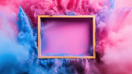 Poster - A Vibrant Explosion of Colorful Powder Creating a Dynamic Background with a Wooden Frame for Creative Design and Artistic Expression