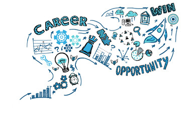 Aufkleber - Hand-drawn illustration showing career and opportunity concepts with gears, graphs, rocket, and lightbulb on a clean white background
