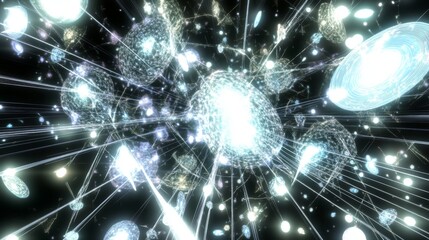 Poster - Abstract representation of cosmic explosion with luminous spheres and radiant beams in a dark background, illustrating the beauty of the universe and its mysteries of creation