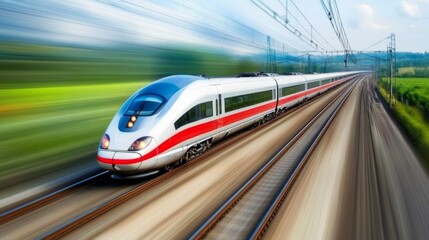 Poster - High-Speed Train Traveling Through Scenic Countryside with Motion Blur Effect, Capturing the Essence of Modern Transportation and Travel Experience in Motion