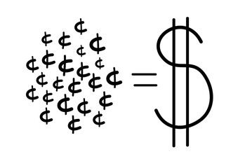 Poster - Illustration showing many cent signs merging into a dollar symbol with an equals sign in between. Lines on a white background. Concept of savings and accumulation