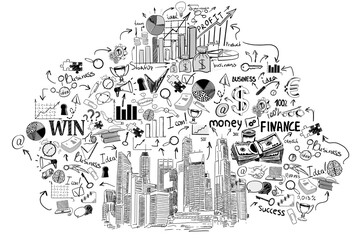 Poster - Hand-drawn illustration of business, finance, and startup concepts with a city skyline. Sketch style on a clean white background. Business idea concept