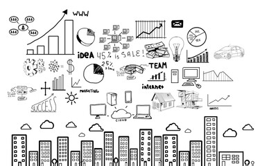 Poster - Hand-drawn business icons, charts, and diagrams on a white background. The image includes various elements related to growth, marketing, and success