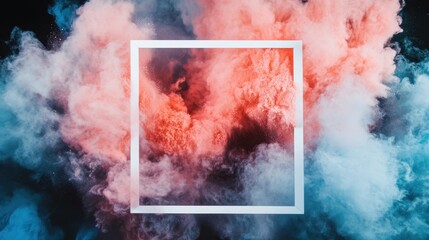 Poster - Abstract Colorful Smoke with a White Frame Surrounded by Vibrant Pink and Blue Clouds Against a Dark Background for Creative Visuals or Design Projects