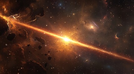 Poster - Stunning Cosmic Landscape Depicting An Expansive Starry Space with Fiery Galaxy and Dynamic Asteroids Illuminating the Universe in Vivid Detail