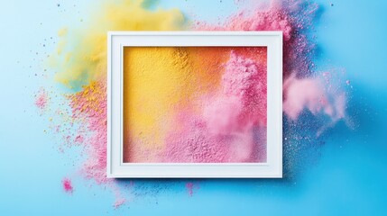 Poster - Creative Use of Colorful Powder in a White Frame on a Soft Blue Background, Perfect for Artistic and Vibrant Stock Photography Projects