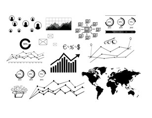 Poster - The image contains business and financial graphic elements, such as charts, graphs, world map, and icons. Includes line graphs and pie charts on a white background. Concept of data representation