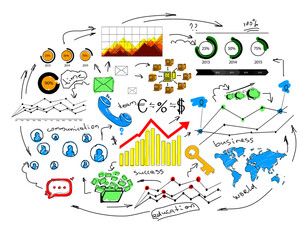 Poster - Hand-drawn business, finance, and communication elements featuring charts, graphs, icons, and symbols on a white background. Concept of success and teamwork