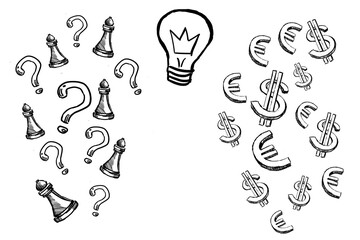 Poster - Sketch illustration featuring chess pawns, question marks, euro and dollar symbols, and a lightbulb. Hand-drawn style on white background. Concept of strategy, decision-making, and finance
