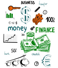 Aufkleber - Hand-drawn business sketches with dollar signs, graphs, money, and finance-related icons. Sketch style on a white background. Concept of finance