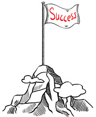 Poster - Illustration of a mountain with a flag at the summit displaying Success. Hand-drawn style, isolated on a white background. Symbolizing achievement and victory
