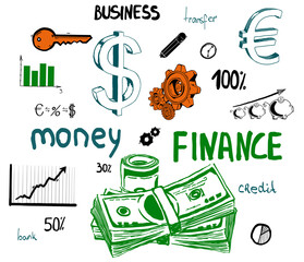 Aufkleber - Hand-drawn finance and business elements including currency symbols, gears, charts, and money. Isolated on a clean white background. Concept of finance