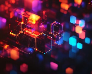 Poster - Dynamic software development visualization abstract concept low resolution digital environment colorful light play