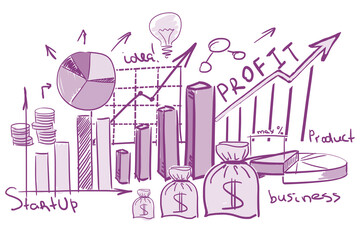 Poster - Hand-drawn business sketch shows charts, graphs, and money bags representing startup growth and profit. Purple line art on a clean white background. Concept of business success and finance