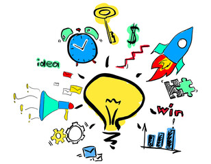 Aufkleber - Hand-drawn colorful icons such as a lightbulb, rocket, key, and clock, scattered across a white background. Represents creativity and innovation