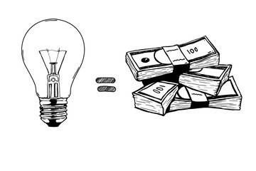 Aufkleber - A simple sketch of a lightbulb and stacks of cash with an equals sign between them. Hand-drawn style illustration on a clean white background. Concept of idea value