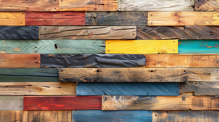 Poster - A collection of wooden planks in various colors is arranged in a striking pattern, showcasing different textures and grains. This vibrant display adds a rustic and artistic element to any setting.