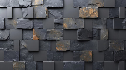 Poster - A contemporary wall showcases an intricate layout of slate tiles in various sizes, blending dark colors with subtle metallic highlights, creating a sophisticated and stylish ambiance.