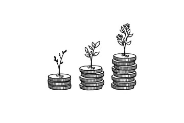 Aufkleber - Stacks of coins with plants growing from them, line drawing on a white background. Represents financial growth and investment concepts
