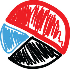 Fototapete - A hand-drawn circular shape divided into three sections filled with red, blue, andscribbles. Simple sketch style on a white background, concept of abstract art