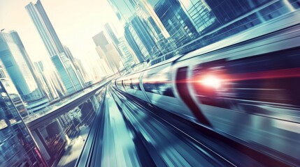 Poster - Dynamic Motion of a High-Speed Train Traveling Through a Modern Urban Landscape with Skyscrapers and a Futuristic Atmosphere Enhancing the Urban Experience