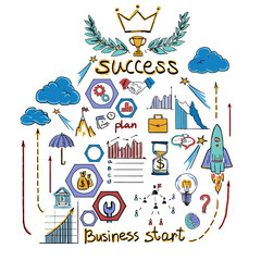 Aufkleber - Hand-drawn business icons showing success, strategy, and planning elements, including rockets, graphs, and handshake, isolated on white background. Concept of business growth