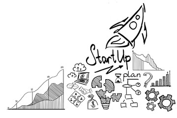 Poster - Hand-drawn sketches of startup plan elements including a rocket, graphs, charts, and icons on a white background. Concept of business planning and growth
