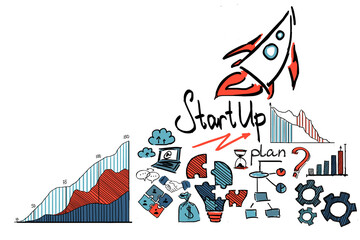 Aufkleber - Hand-drawn illustration of a startup business plan with charts, graphs, and icons. Sketch-style on a white background. Concept for planning and innovation