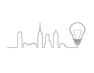 Fototapete - Minimalistic line drawing of a city skyline with a light bulb on a white background. The illustration represents innovation and city planning