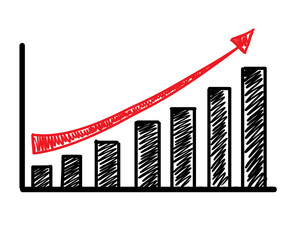 Poster - Bar chart in sketch style showing increasing bars with a red upward arrow. Isolated on a plain white background. Represents business growth and success