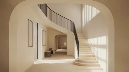 Poster - Elegant Modern Interior with Curved Staircase in Warm Neutral Tones, Bathed in Natural Light and Architectural Lines for Stylish Living Spaces