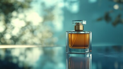 Poster - Elegant Glass Perfume Bottle with Amber Liquid Reflecting Natural Light on a Glass Surface in a Calm Outdoor Setting with Soft Bokeh Background