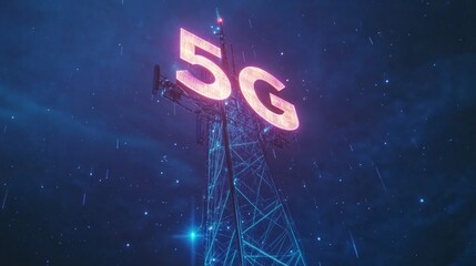 Poster - A tall tower with a large 5G sign on top