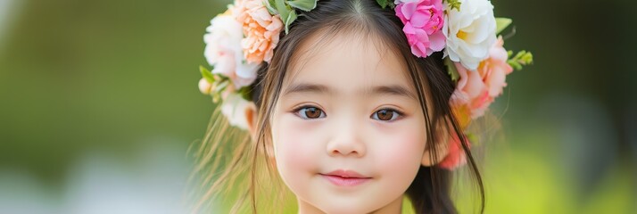 Wall Mural - A young girl wearing a flowery headband. She has a big smile on her face. Concept of innocence and joy