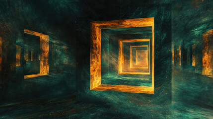 Wall Mural - Endless glowing orange frames fading into the distance, creating a captivating futuristic illusion.