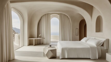 Poster - Minimalist Bedroom Interior with Contemporary Design and Natural Light Overlooking Scenic Landscape in Neutral Tones