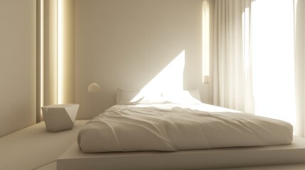 Aufkleber - Bright and Minimalistic Bedroom Design with White Bedding, Natural Light Streaming Through Sheer Curtains, and a Modern Aesthetic for Calm Living Spaces