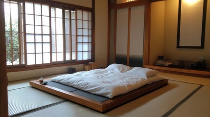 Poster - Tranquil Japanese Bedroom Interior with Minimalist Design Elements, Futon Bed, Natural Lighting, and Organic Textures for a Serene Atmosphere