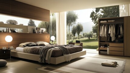 Aufkleber - Modern and Minimalist Design Bedroom with Large Windows Offering Scenic Views of Nature and Elegant Furniture for a Tranquil and Stylish Living Space