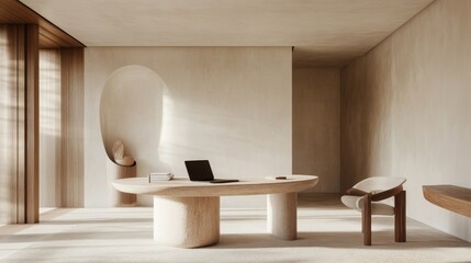 Poster - Minimalist interior design featuring a spacious office setup with a unique round table and modern chair in a serene, neutral color palette for a contemporary workspace atmosphere
