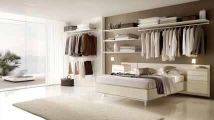Poster - Contemporary Minimalist Bedroom Design Featuring Sleek Furniture, Spacious Layout, and Organized Storage Solutions with Natural Light and Serene View