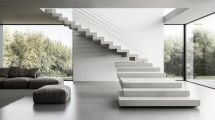 Poster - Modern minimalistic interior design featuring a striking floating staircase with concrete steps, large windows, and a cozy seating area in a bright living space.
