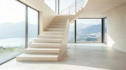 Fototapete - Modern minimalist interior showcasing a spacious staircase with panoramic views of mountains and city, designed for natural light and open living environment